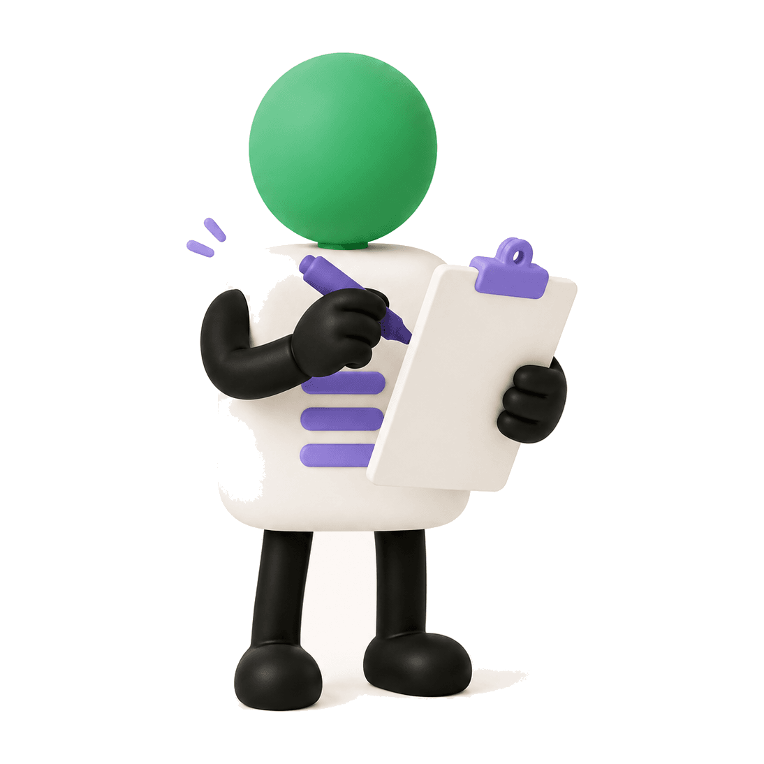 Content Agent 3D character holding a pen and document